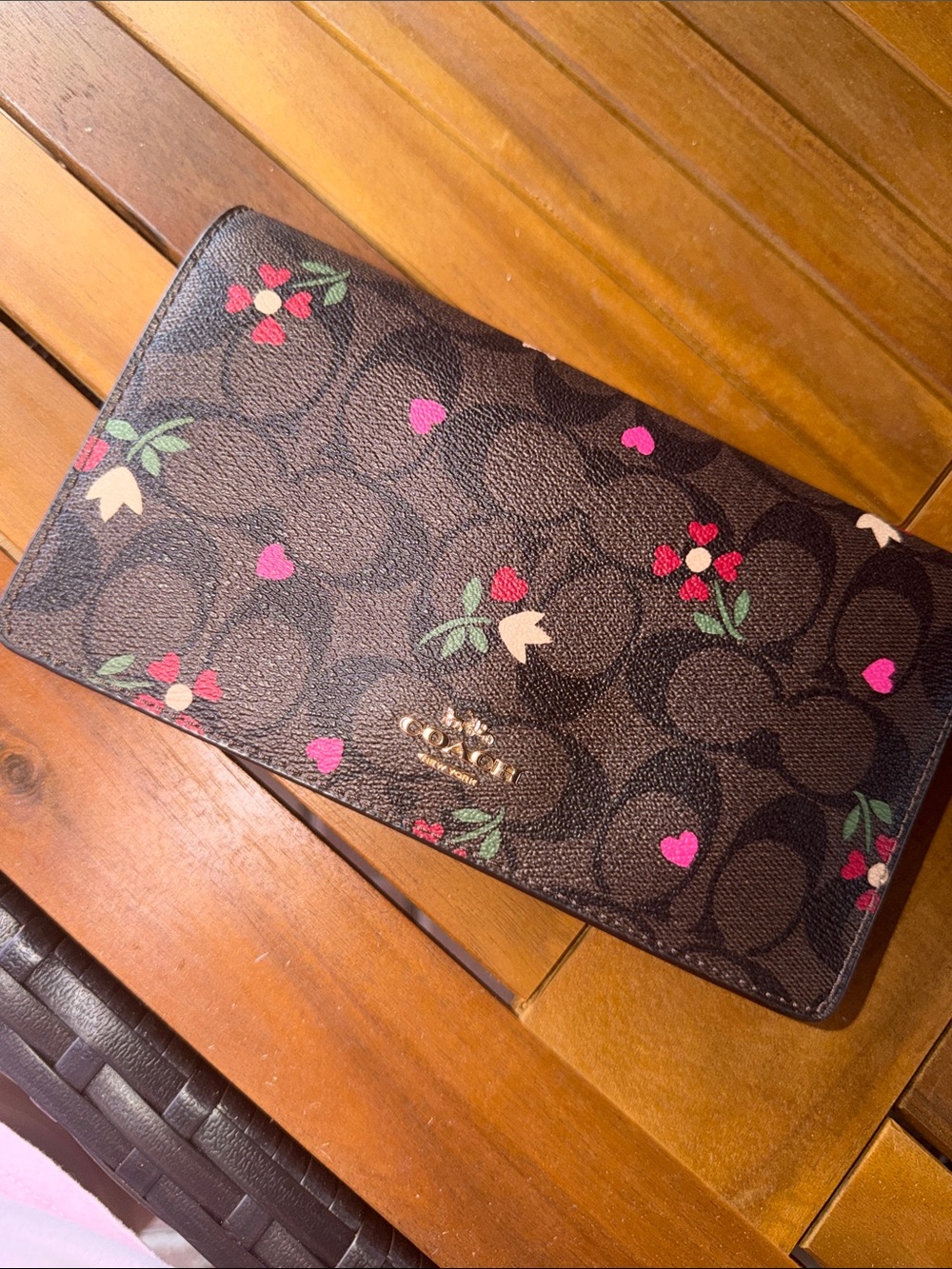Coach Brown Signature Floral Continental Wallet with Pink Accents